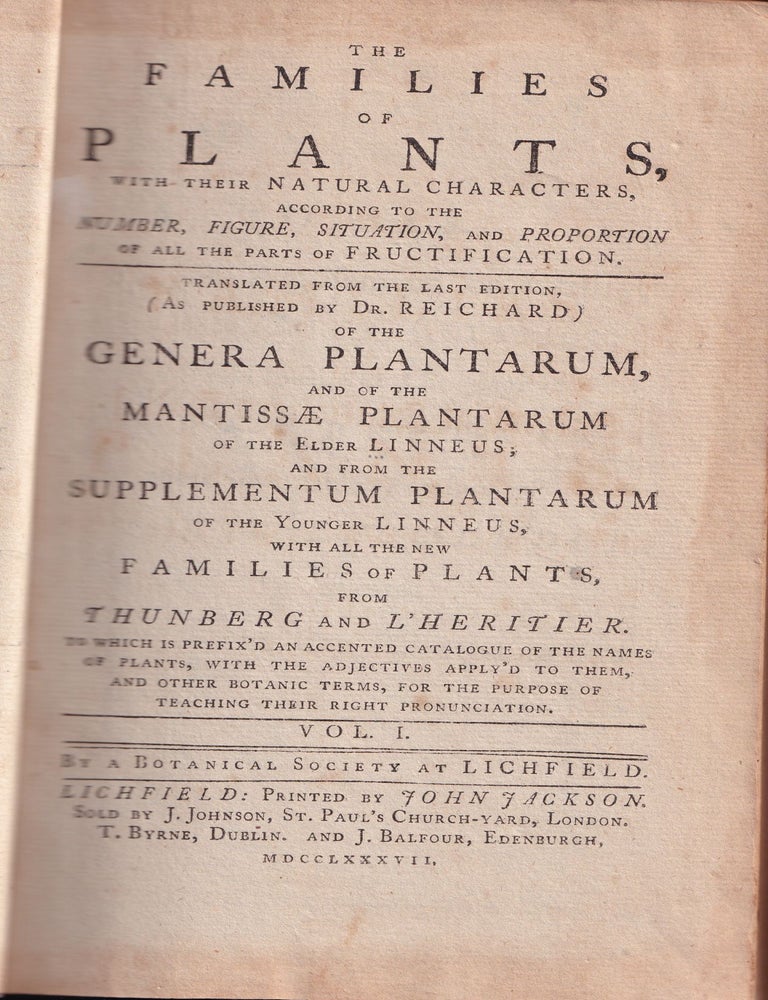 Item #21789 THE FAMILIES OF PLANTS Volume I. Linneus.