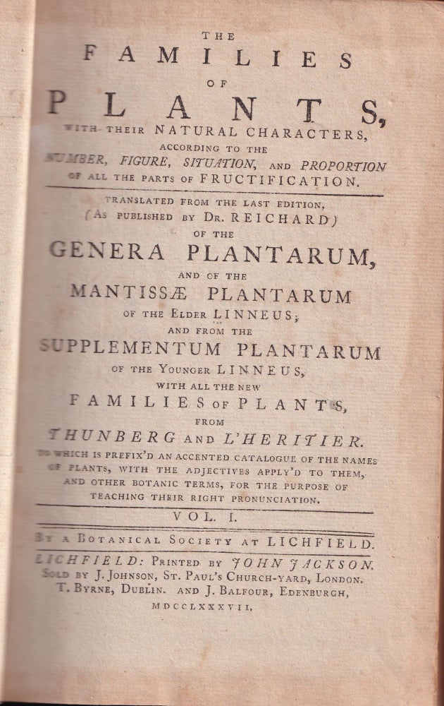 Item #21790 THE FAMILIES OF PLANTS Volume I. Linneus.