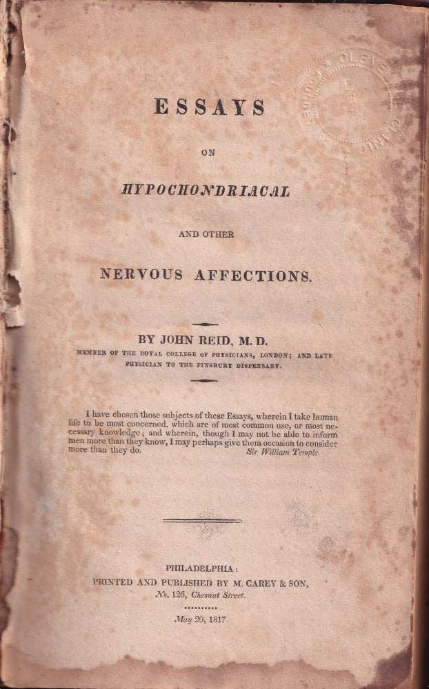 Item #21795 ESSAYS ON HYPOCHONDRIACAL AND OTHER NERVOUS AFFECTIONS. John M. D. Reed.
